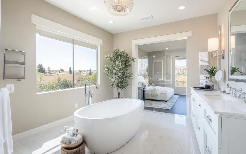 Soaking bathtub in a contemporary bathroom.