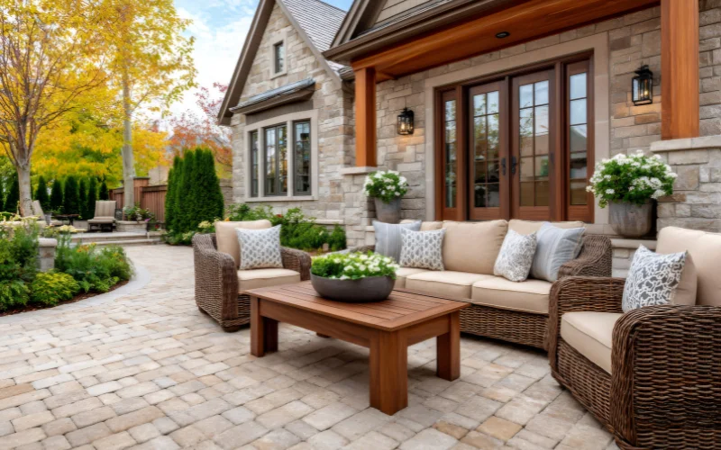 Brown paver stones in a backyard renovation.