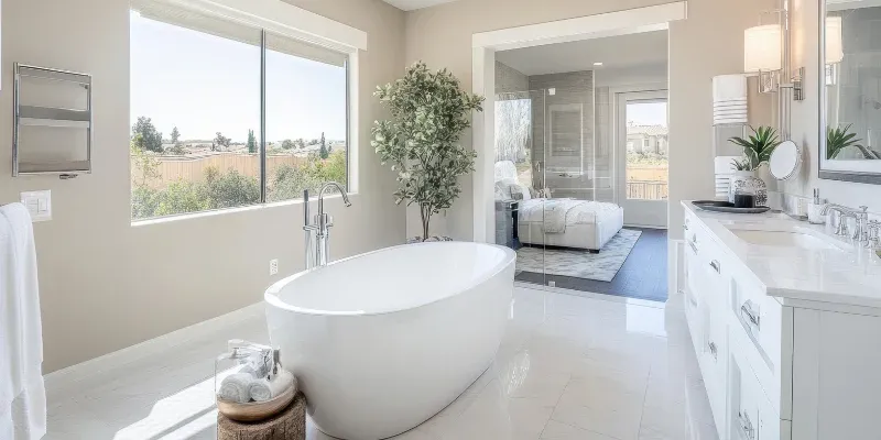 Soaking bathtub in a contemporary bathroom.