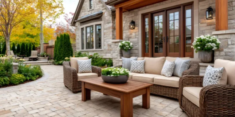 Brown paver stones in a backyard renovation.