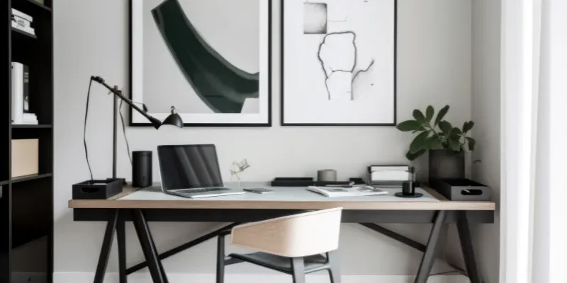 Modern, black and white home office.
