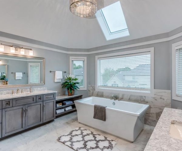 Custom bathroom remodel with a free standing bathtub.