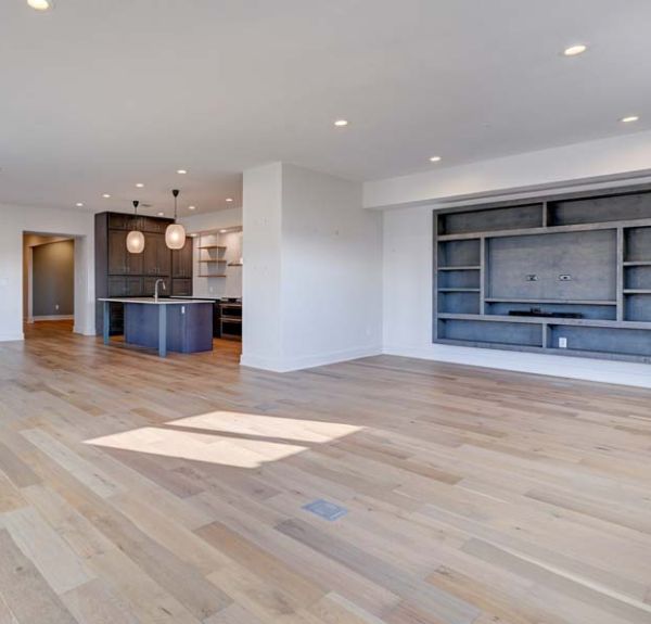 Living room and kitchen of a condo remodel in Memphis, Tennessee.